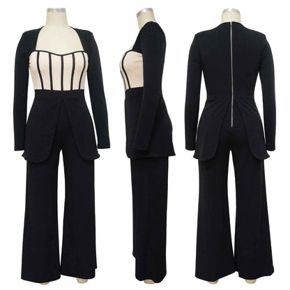 Sexy Waist Trimming Color Contrast Patchwork Jumpsuit