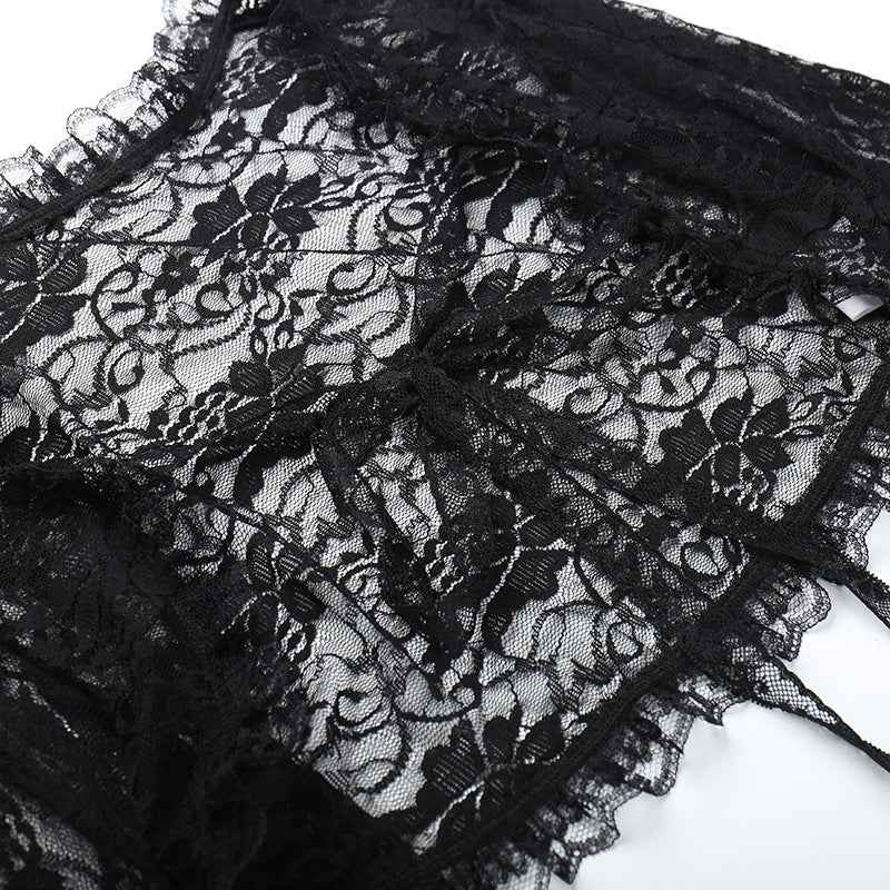 Gothic Classic Lace Cover Ups Women Mesh Crop Top See Through Sexy Flare Sleeve Blouse Y2k Black Rave Outfit Festival