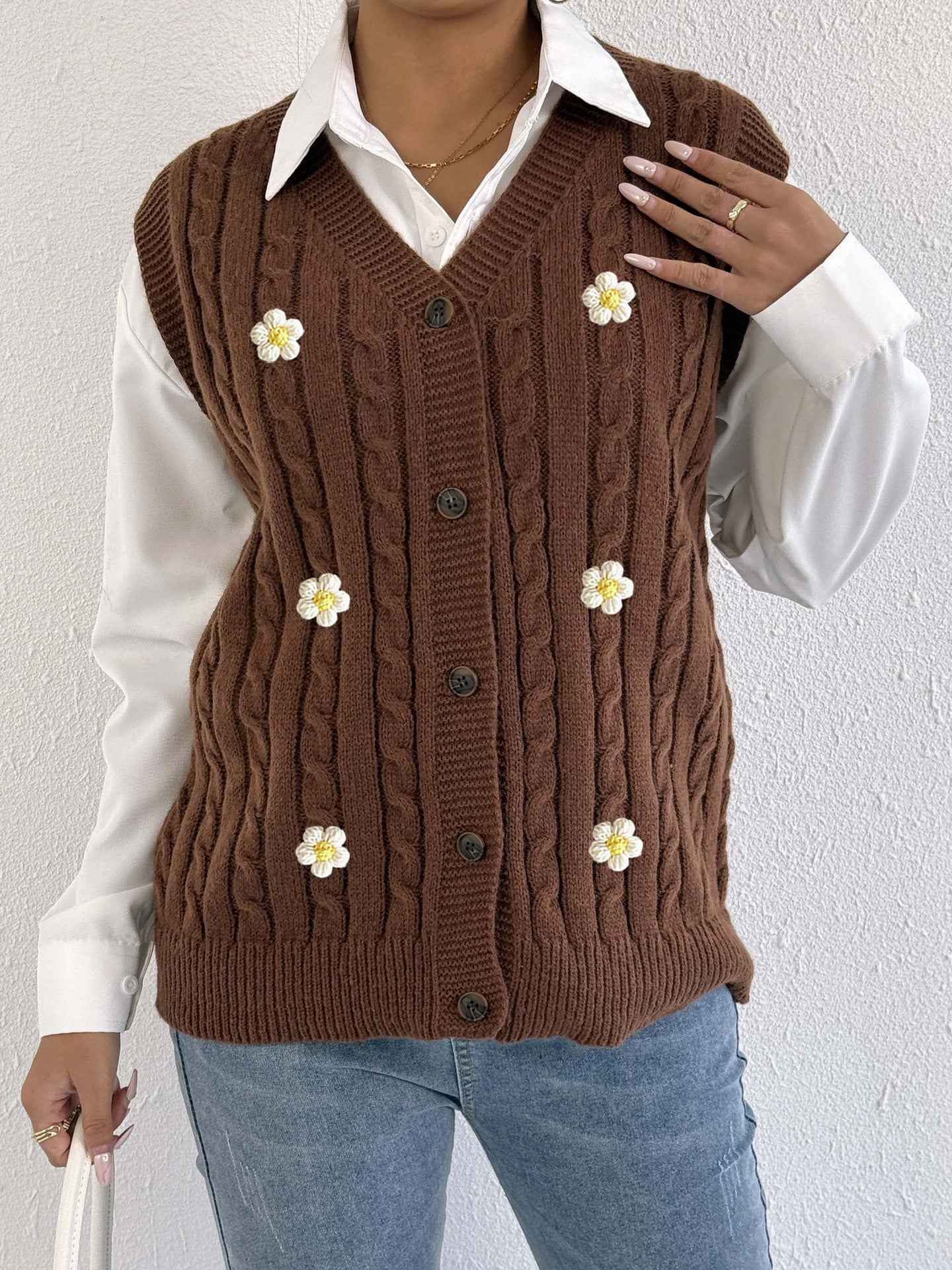 Sweater Vest Twist Woven Three Dimensional Floral Stitching (Small Only)