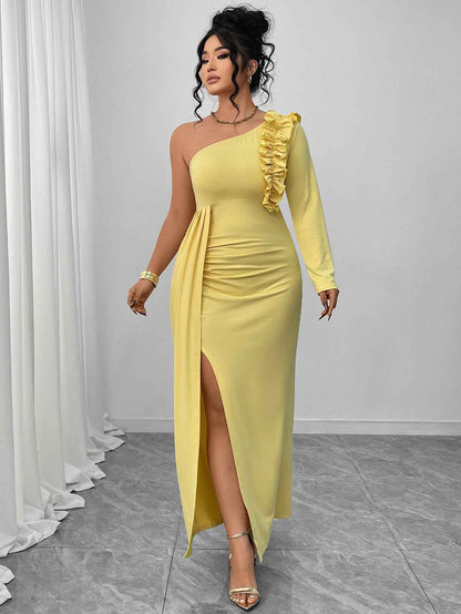 One Shoulder Yellow Ruffled Dress High Slit MUNSIEUR