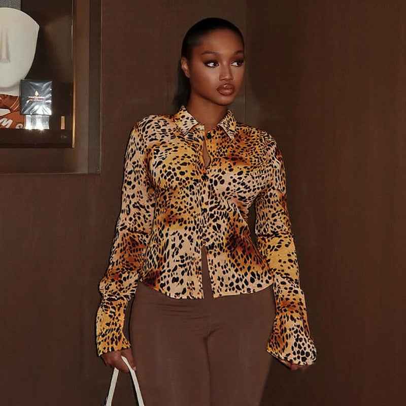 Leopard Print Slim Fit Button up Blouse
