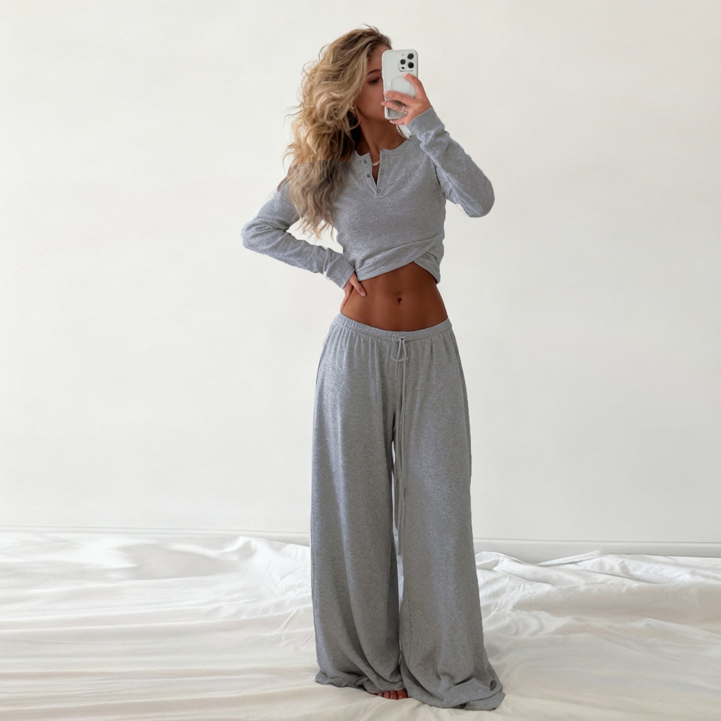 Sunken Top Drawstring Pajamas Set Solid Color Loose Two Piece Loungewear Set MUNSIEUR Essential
