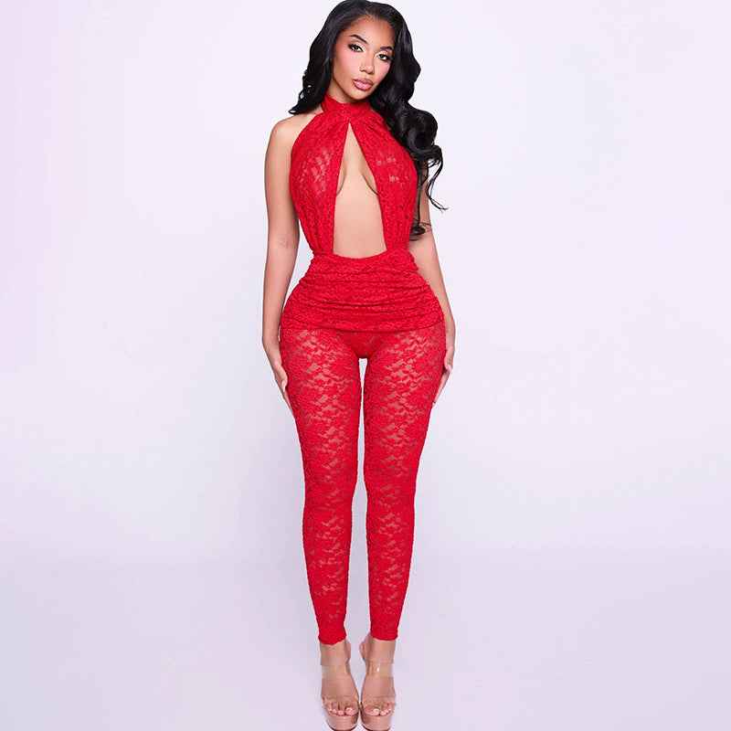 Sexy Lace Stitching Halter Backless Slim Fit Jumpsuit