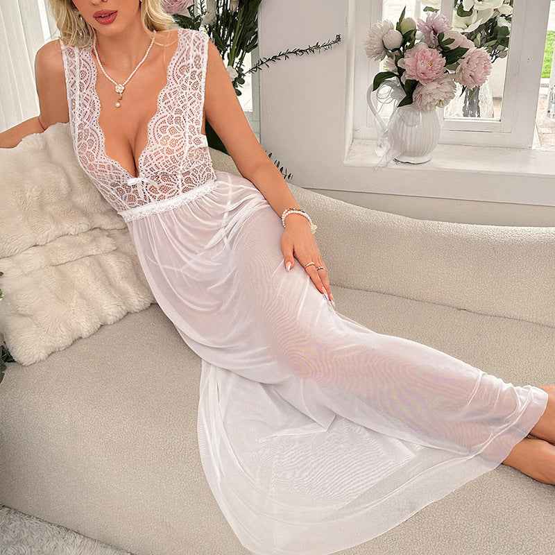 Sexy Thin Transparent Mesh Deep V Plunge Lace Lingerie Set