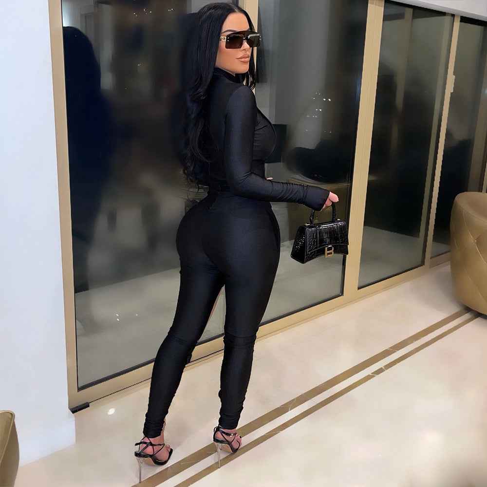 Mesh Bandage Stitched Long Sleeve Jumpsuit for Women