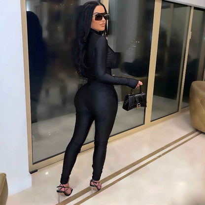 Mesh Bandage Stitched Long Sleeve Jumpsuit for Women