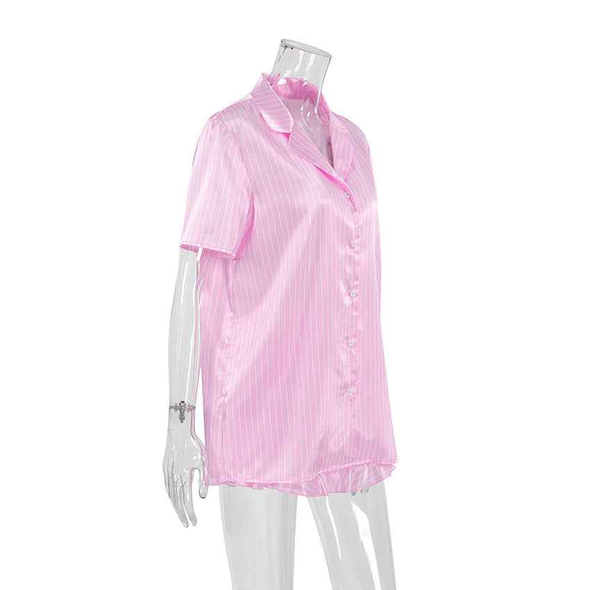 Summer Pink Striped Casual Loose Pajamas Women's