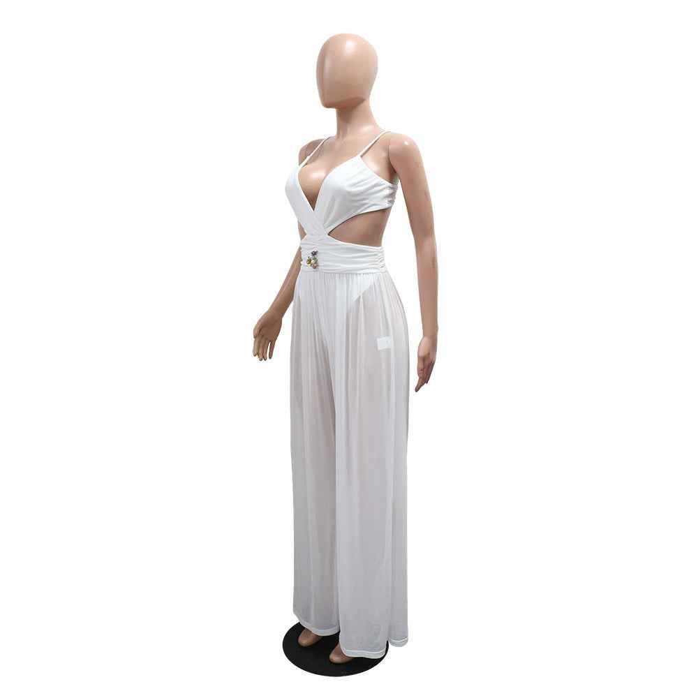 Sexy V neck Lace up Backless See through Sexy Jumpsuit Women