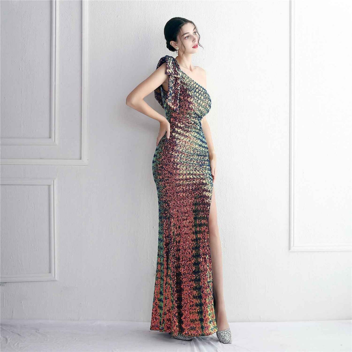 Sequined One Shoulder Appreciation Dinner Slim Fit Fishtail Wedding Dress