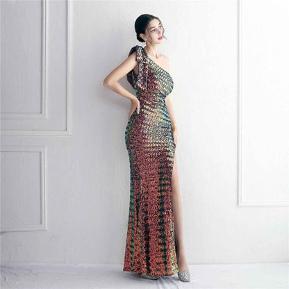 Sequined One Shoulder Appreciation Dinner Slim Fit Fishtail Wedding Dress