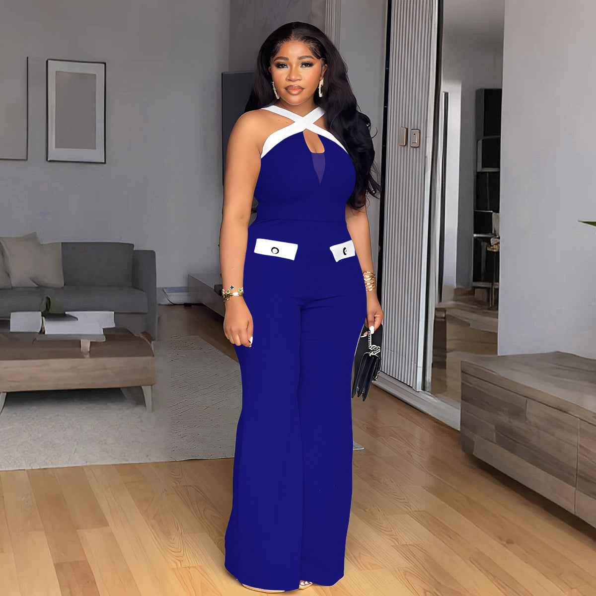 Elegant Office Contrast Color Cross Strap Jumpsuit