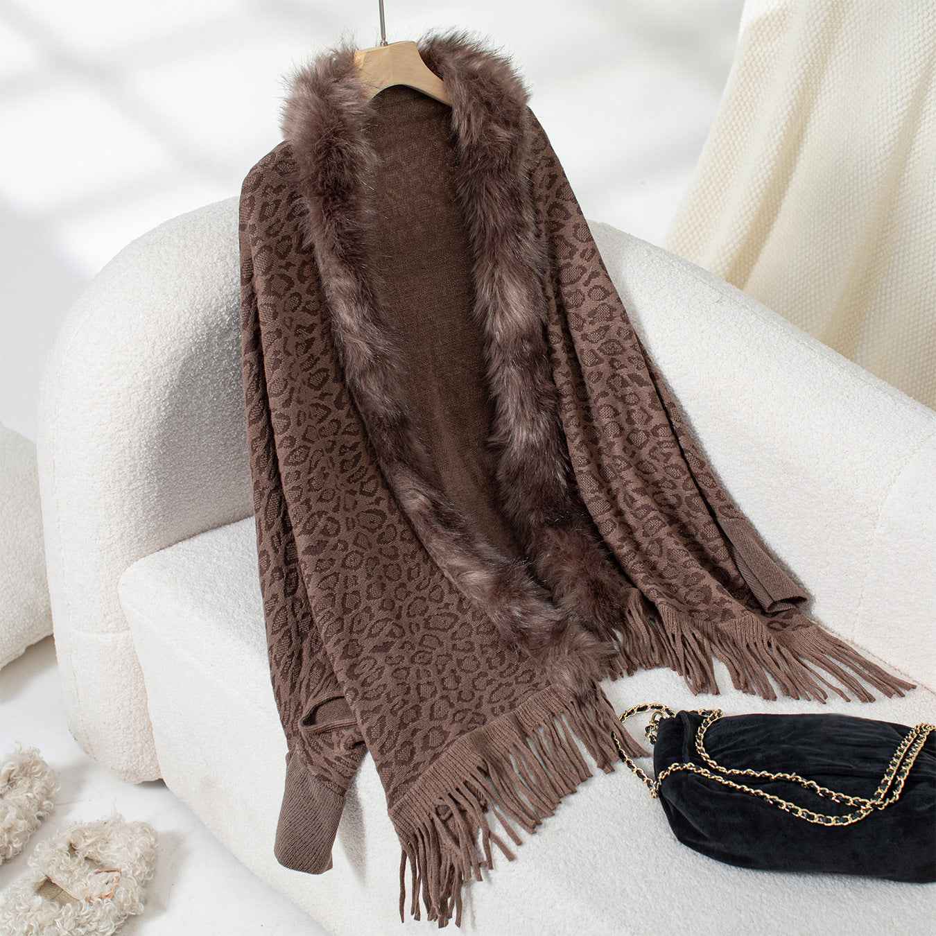 Leopard Print Fur Collar Loose Batwing Sleeve Sweater Cape Cardigan Women (one size fits all)