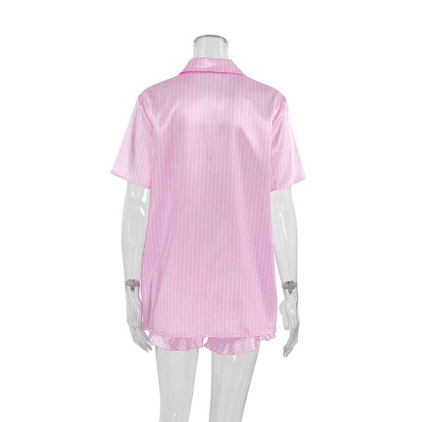 Summer Pink Striped Casual Loose Pajamas Women's