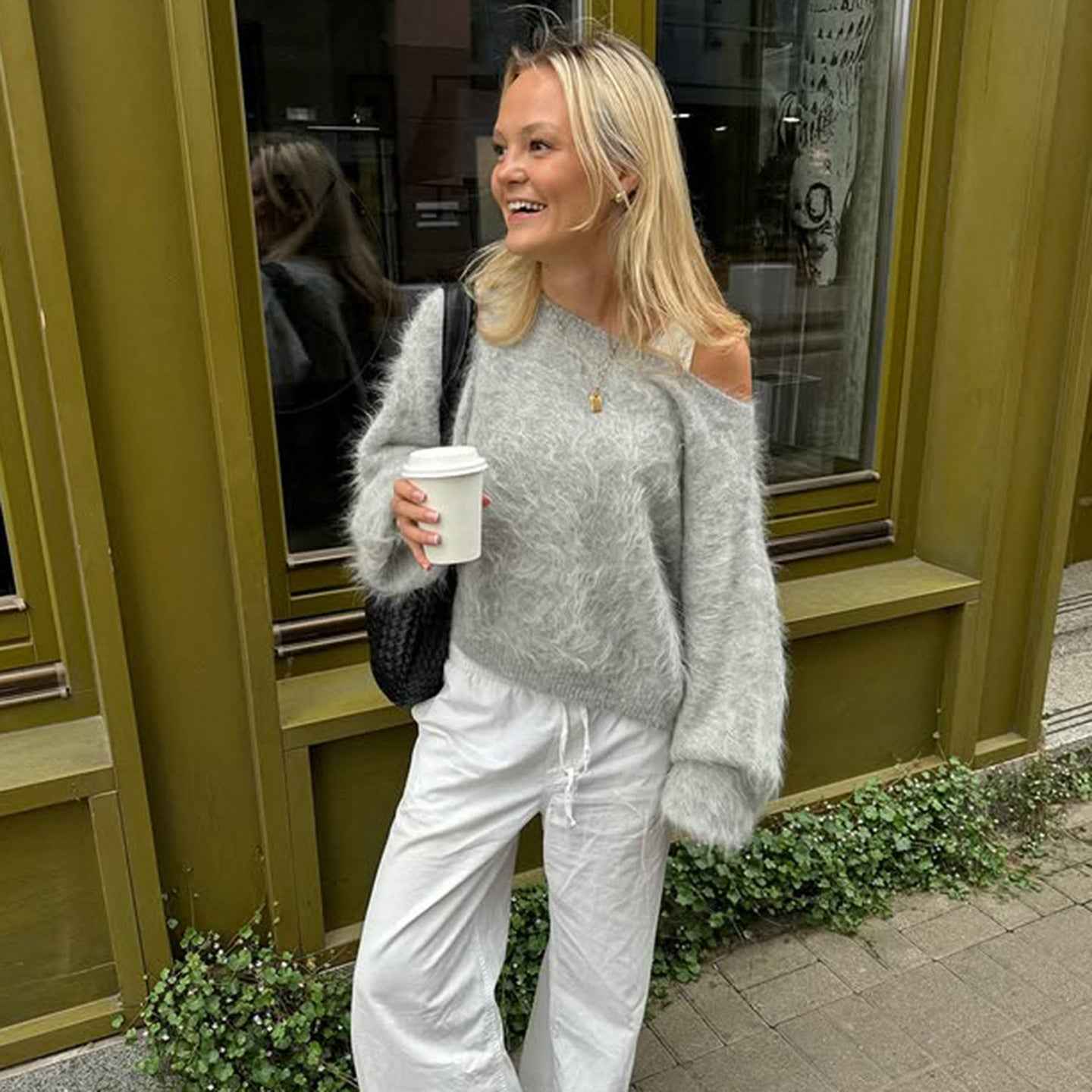 Mink Fur off Shoulder Solid Color Pullover Sweater