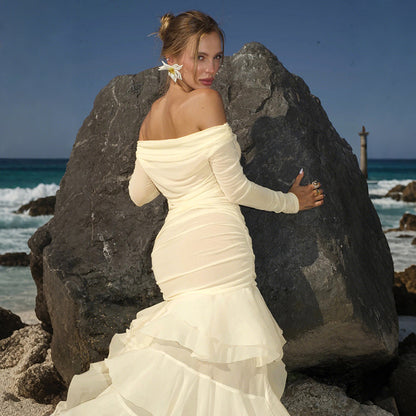 Slim Irregular Asymmetric Pleated Waist Tight Long Sleeve off Shoulder Elegant Dress for Women