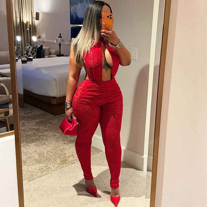 Sexy Lace Stitching Halter Backless Slim Fit Jumpsuit