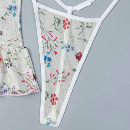 Floral Lace Stitching Lingerie Three Piece Set