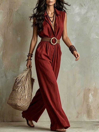 Women's Linen Summer Casual Sleeveless Jumpsuit with Buckle