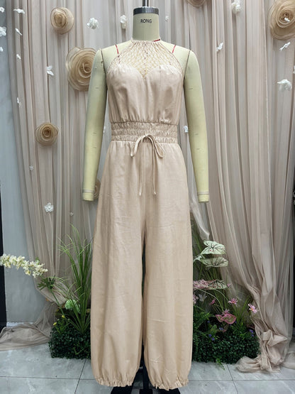 Bohemian Halter Lace Jumpsuit Seaside Holiday Casual Waist Drawstring