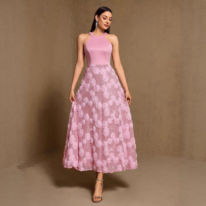 Spring Summer Print Heavy Industry Stitching Large Hem Fully Lined Evening Dress