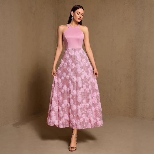 Spring Summer Print Heavy Industry Stitching Large Hem Fully Lined Evening Dress