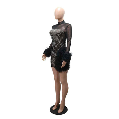 See through Rhinestone Sheath Long Sleeve Dress New Arrivals