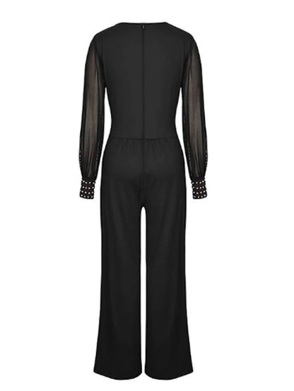 V neck Mesh Stitching Rivet Long Sleeve Loose Jumpsuit
