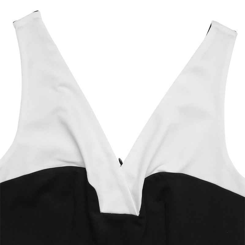 Elegant Black White Color Contrast Patchwork Sling Jumpsuit