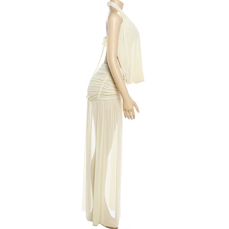 Halter Backless High Split Skirt Set