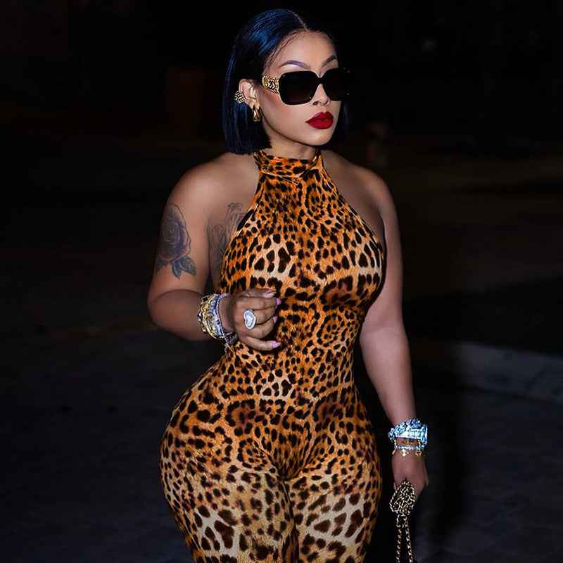 Summer Sexy Backless Halter Lace up Leopard Print Jumpsuit for Women