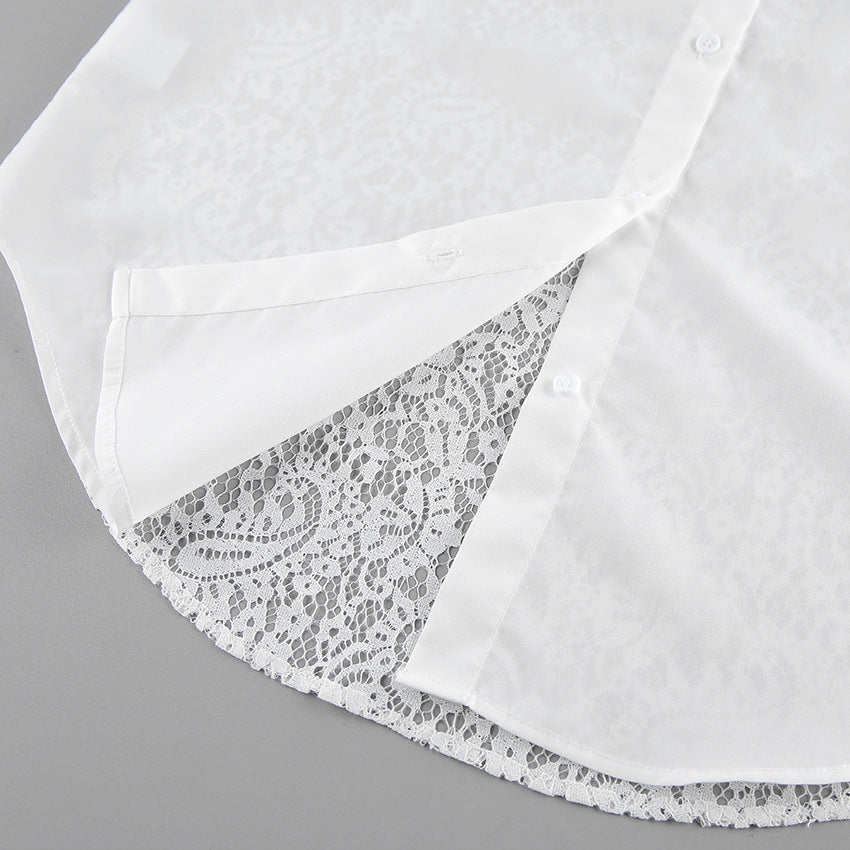 Lace Stitching Hollow Out Long Sleeve Collared Blouse
