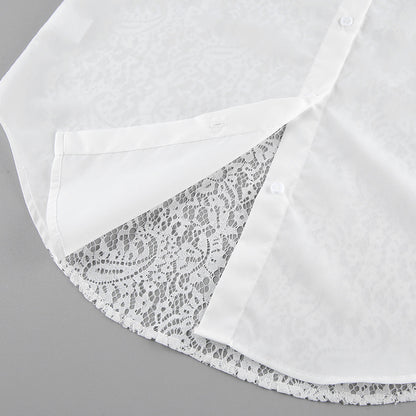 Lace Stitching Hollow Out Long Sleeve Collared Blouse