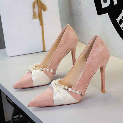 French Elegant Socialite Pearl Bow Pointed Low Cut Suede Stiletto Heel Pumps for Women