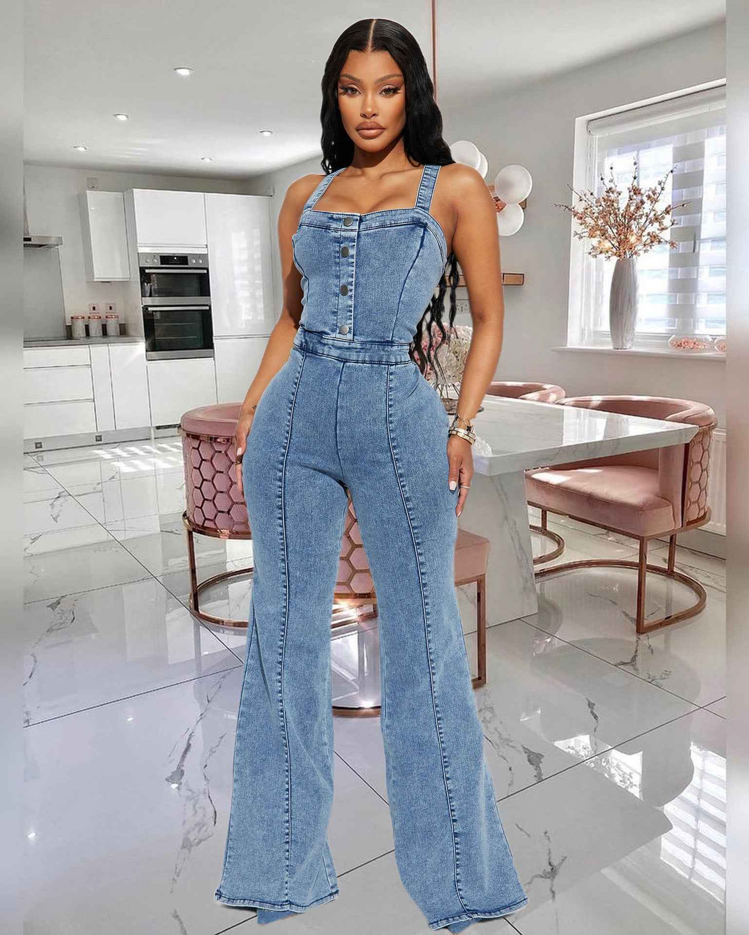 Denim Jumpsuit Women Slim Fit Stone Washed Suspender
