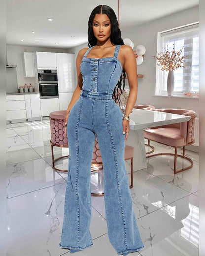 Denim Jumpsuit Women Slim Fit Stone Washed Suspender