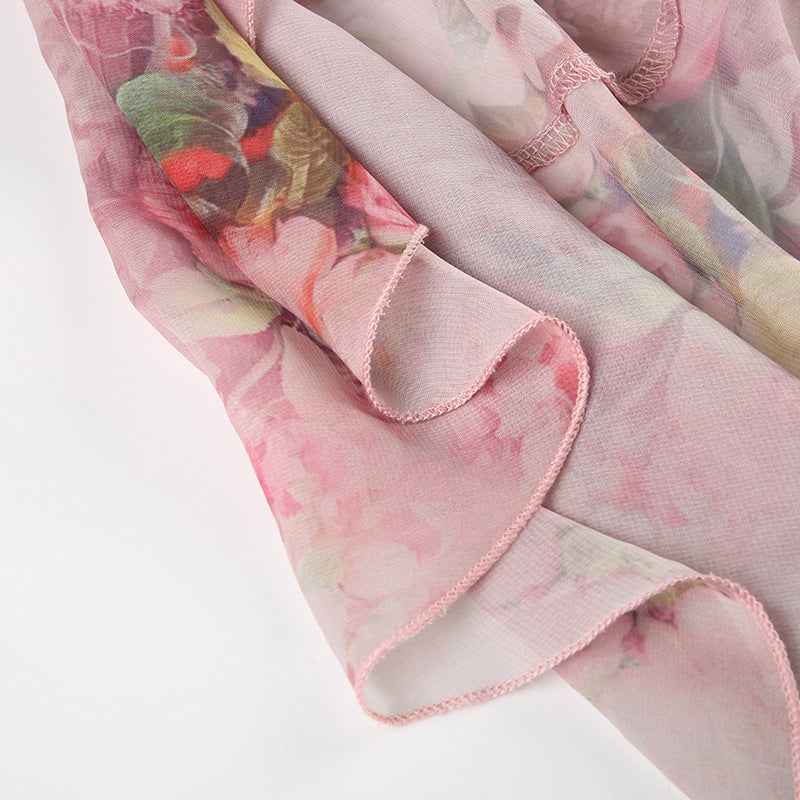 Sexy Holiday Romantic Floral Print Ruffled Skirt Sexy Irregular Asymmetric Trailing Dress with Lining
