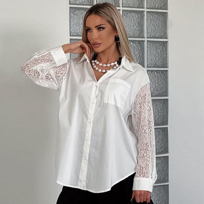 Lace Stitching Hollow Out Long Sleeve Collared Blouse