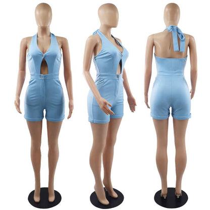 Solid Color High Waist Sexy Hollow Out Cutout Sleeveless Lace-up Romper