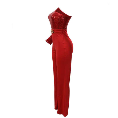 Shoulder Sleeve Sequin Stitching Jumpsuit