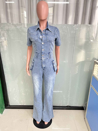 Floral Wash Denim Jumpsuit