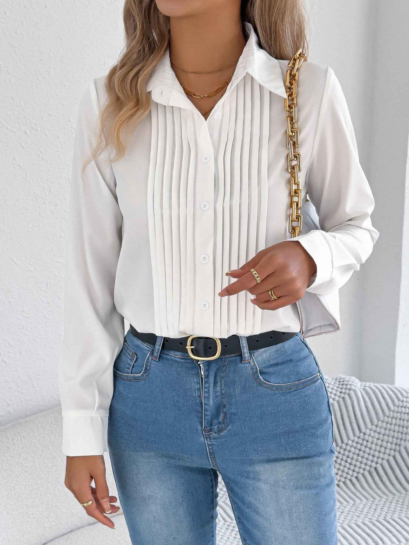 Elegant Pleated Solid Color Button Blouse