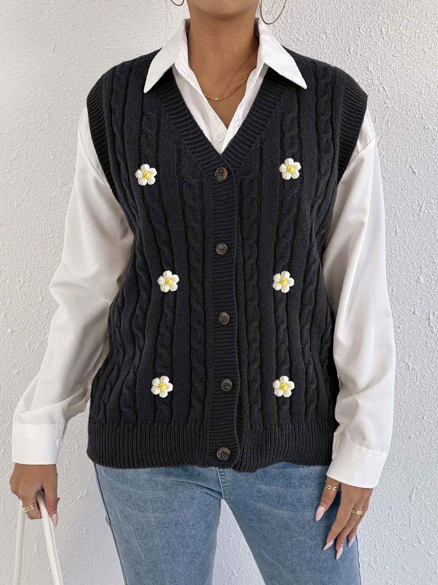 Sweater Vest Twist Woven Three Dimensional Floral Stitching (Small Only)