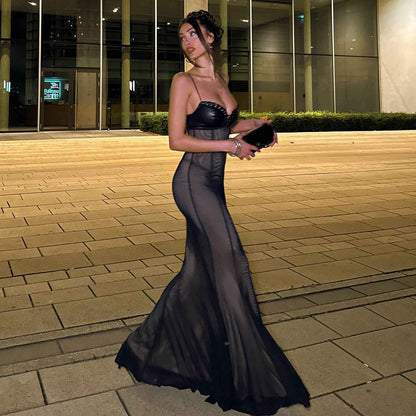 Mesh Leather Slim Fit Patchwork Wrapped Dress