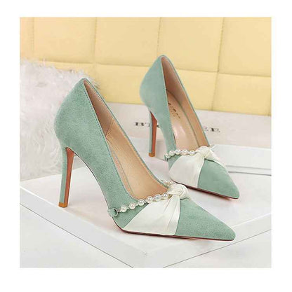 French Elegant Socialite Pearl Bow Pointed Low Cut Suede Stiletto Heel Pumps for Women