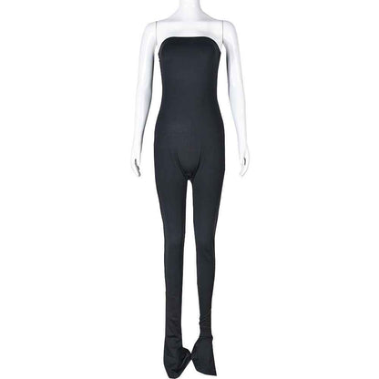 Women Clothing off Neck Stitching High Elastic Slit Slim Fitting Jumpsuit
