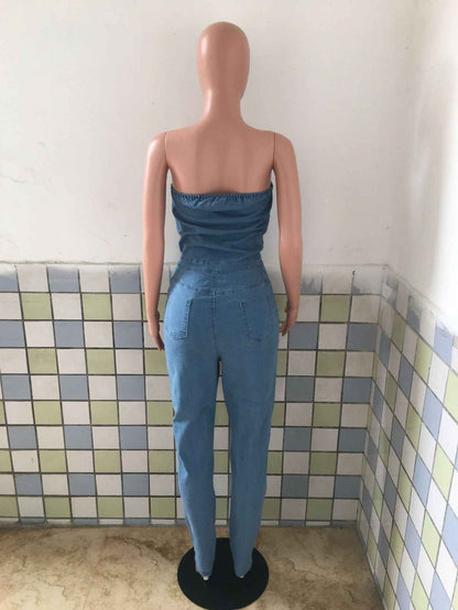 Casual Tube Top Slim Fit Denim Jumpsuit