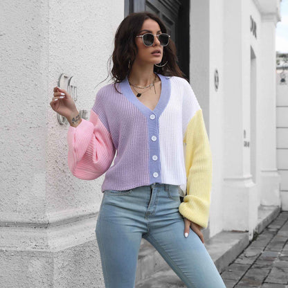 Knitted Cardigan Contrast Color Sweater