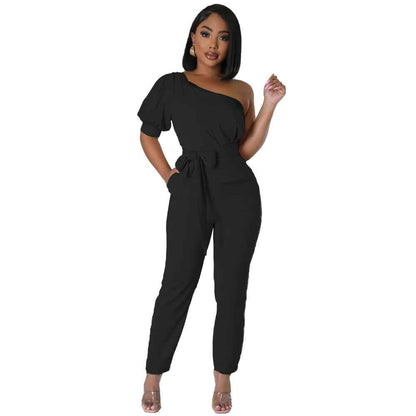 One Shoulder High Waist Backless Slim Tapered Jumpsuit