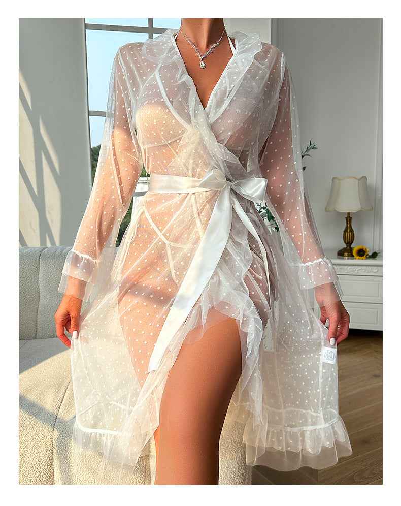 See through Nightgown Ruffled Lace up Sleepwear Set