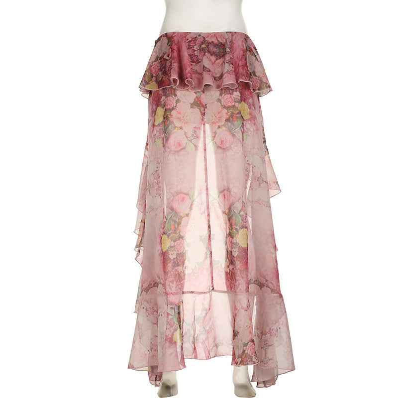 Sexy Holiday Romantic Floral Print Ruffled Skirt Sexy Irregular Asymmetric Trailing Dress with Lining